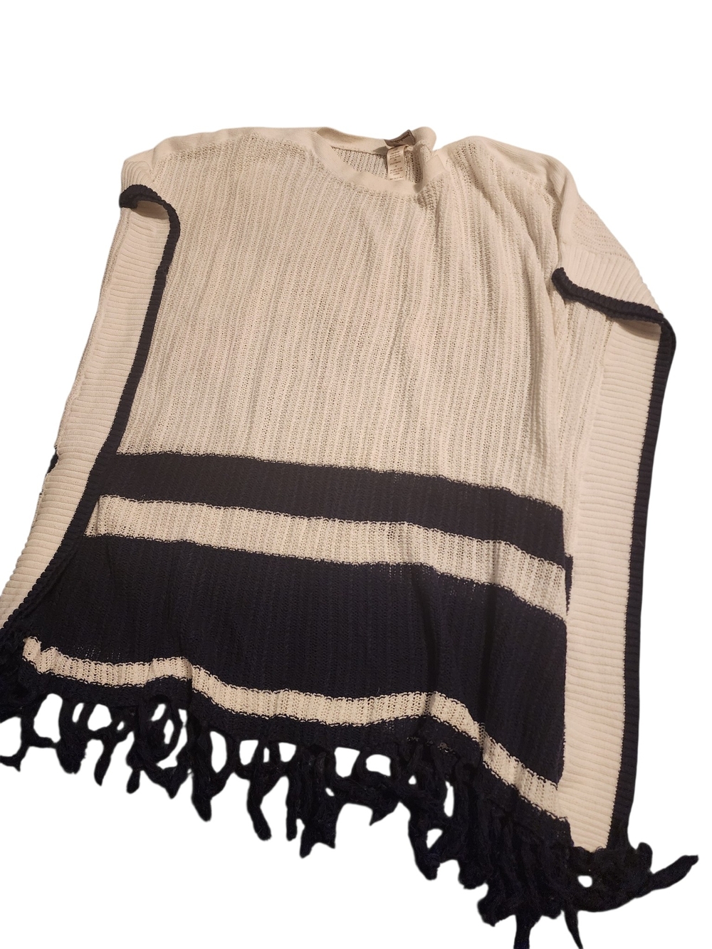 Tommy Bahama Cream and Black Fringe Knit Poncho